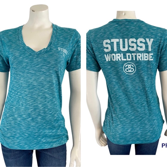 Stussy world‎ tribe teal v-neck t-shirt womens medium. - Picture 1 of 6